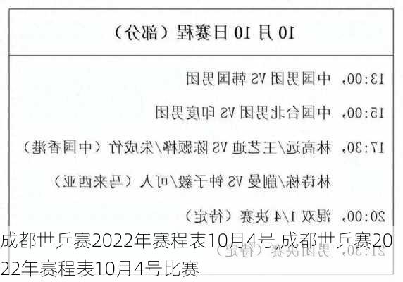 成都世乒赛2022年赛程表10月4号,成都世乒赛2022年赛程表10月4号比赛